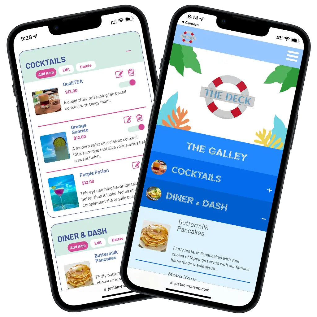 A pair of iPhones showing Just A Menu - a mobile friendly digital menu