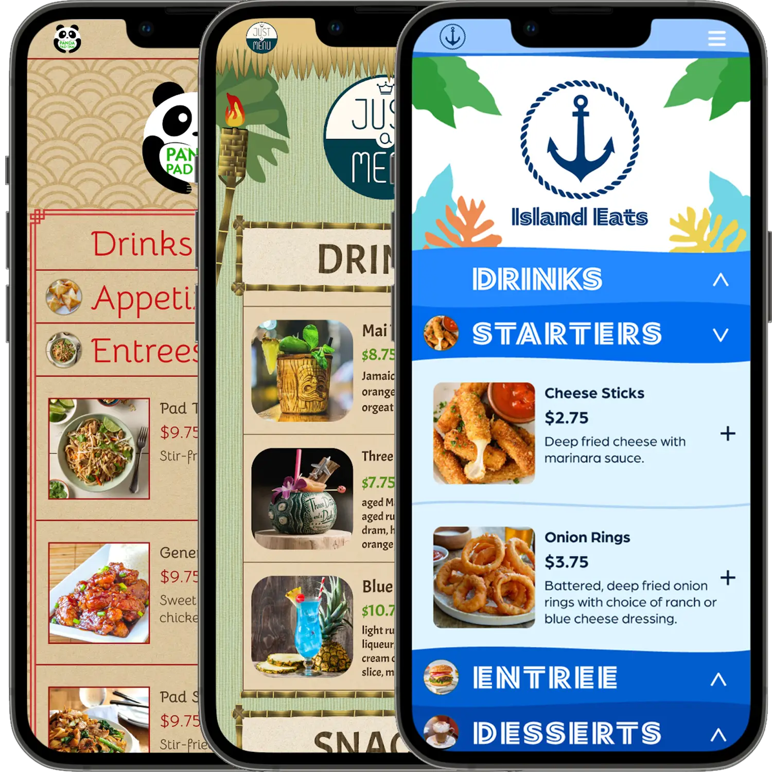 Just A Menu displaying 3 different menu types - Asian, Tiki, and Ocean Menu Themes.